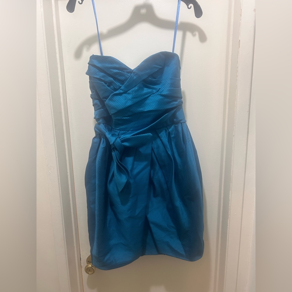Marc Jacobs Silk Dress Womens Size 6 Blue Strapless Stripes Mini Ruffled Bow